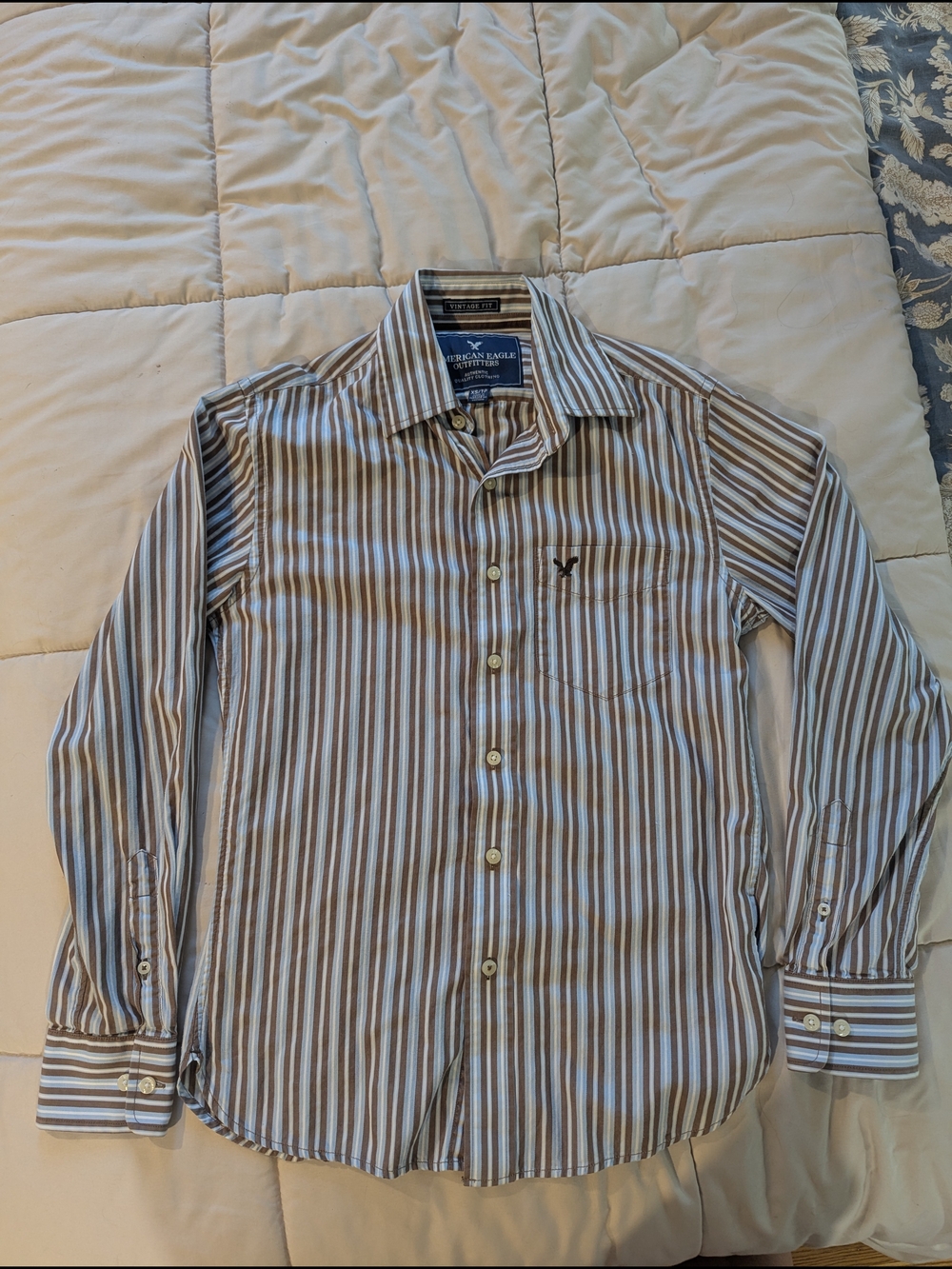 American Eagle Men’s Brown Stripe Button-Up Shirt Classiccore Logo